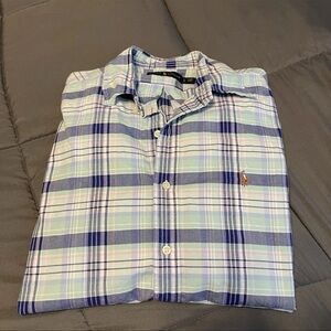 RALPH LAUREN POLO LARGE Plaid Shirt Blue Aqua White LS Button